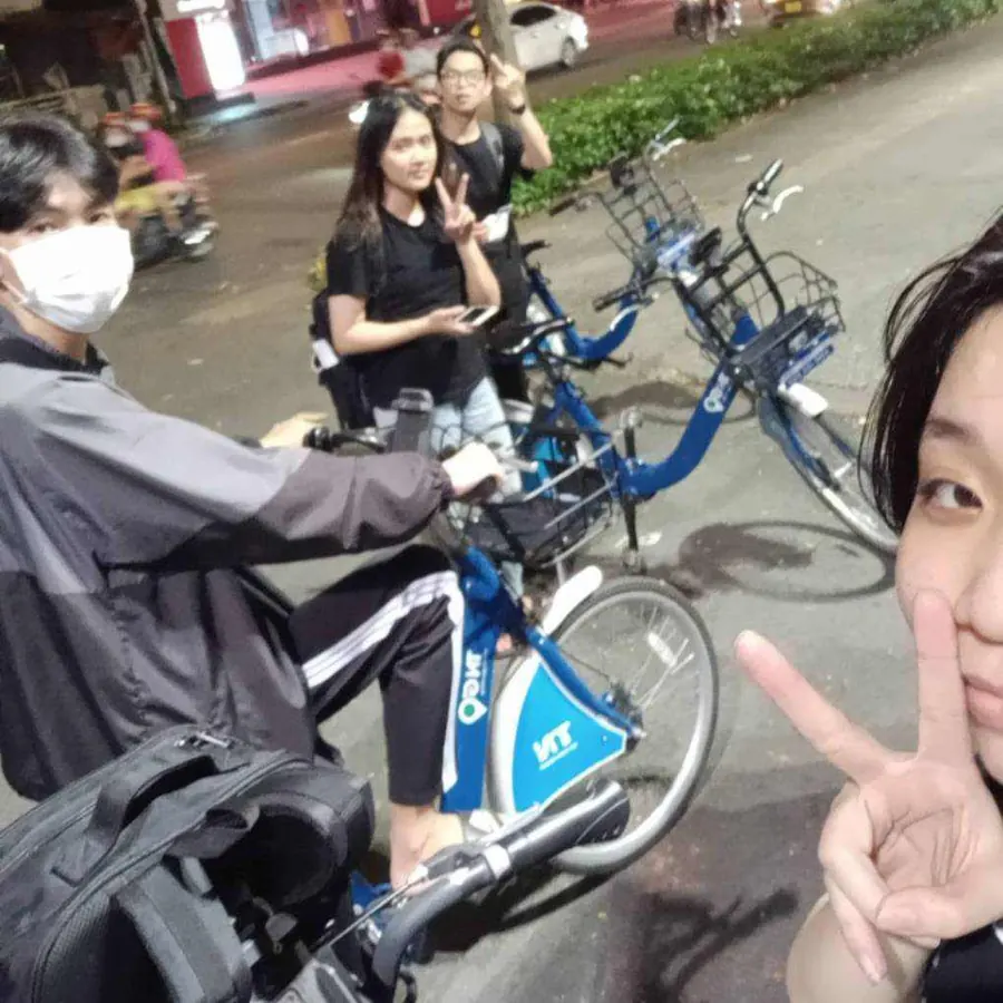 Selfie with friends on shared bikes